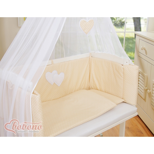 Set Lettino Aperto con Materassino e Biancheria Beige Pois Bianchi Cuori