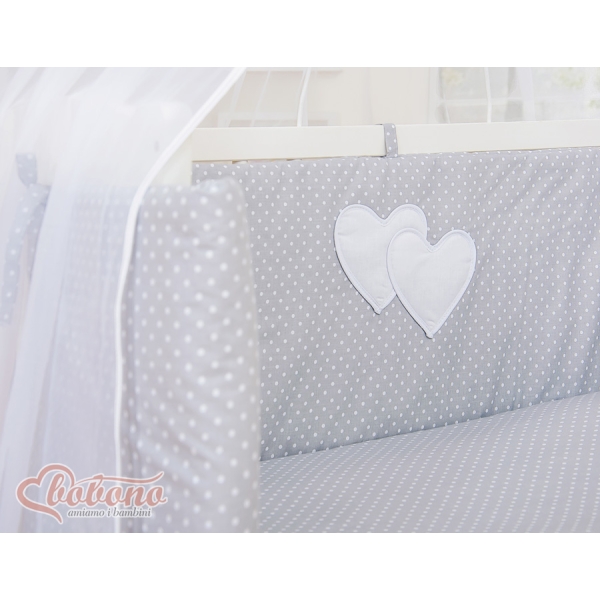 Set Lettino Aperto con Materassino e Biancheria Grigio Pois Bianchi Cuori