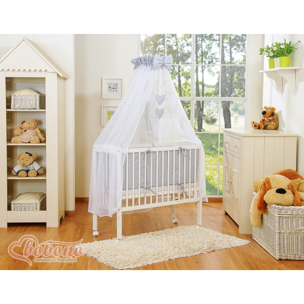 Set Lettino Aperto con Materassino e Biancheria Grigio Pois Bianchi Cuori