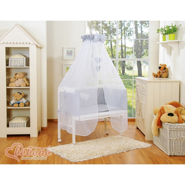 Set Lettino Aperto con Materassino e Biancheria Grigio Pois Bianchi Cuori