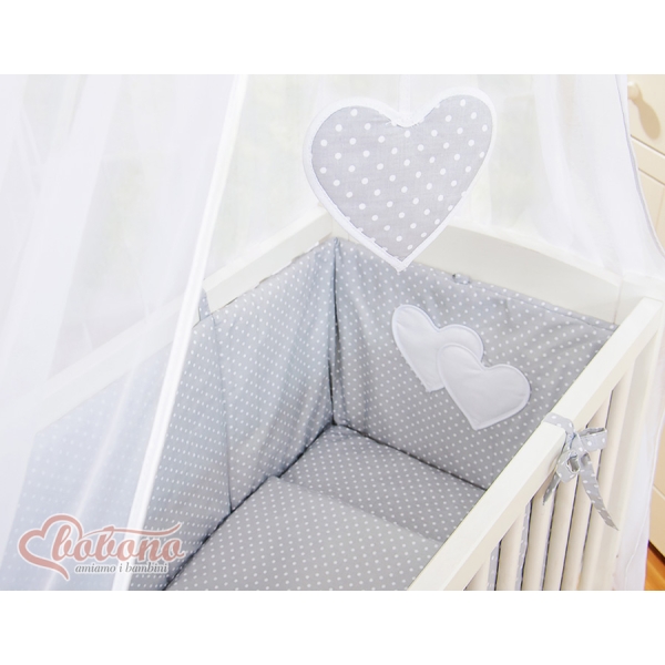 Set Lettino Aperto con Materassino e Biancheria Grigio Pois Bianchi Cuori