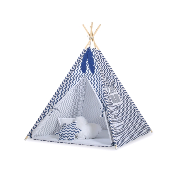 MEGA SET: Tenda Teepee con Tappetino, Cuscini e Piume Decorative GRATIS! Blu Scuro Chevron