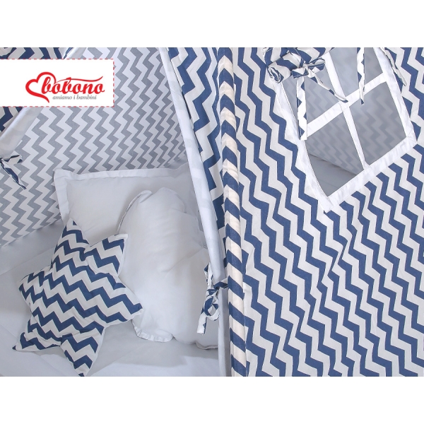 MEGA SET: Tenda Teepee con Tappetino, Cuscini e Piume Decorative GRATIS! Blu Scuro Chevron
