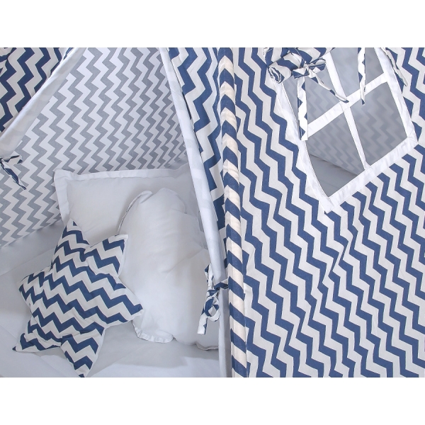MEGA SET: Tenda Teepee con Tappetino, Cuscini e Piume Decorative GRATIS! Blu Scuro Chevron