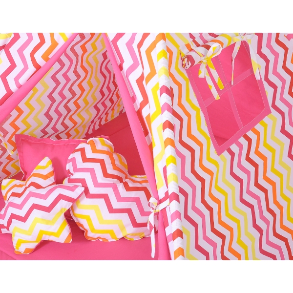 MEGA SET: Tenda Teepee con Tappetino, Cuscini e Piume Decorative GRATIS! Giallo Rosso Chevron