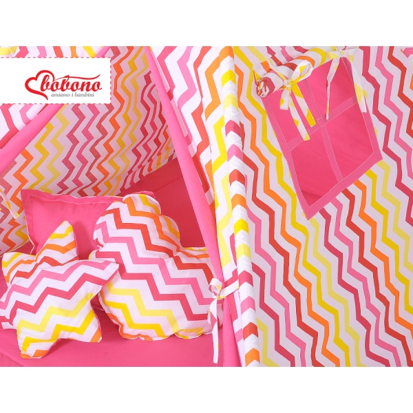 MEGA SET: Tenda Teepee con Tappetino, Cuscini e Piume Decorative GRATIS! Giallo Rosso Chevron