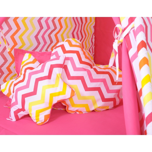 MEGA SET: Tenda Teepee con Tappetino, Cuscini e Piume Decorative GRATIS! Giallo Rosso Chevron