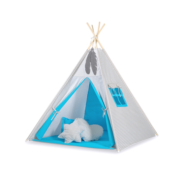MEGA SET: Tenda Teepee con Tappetino, Cuscini e Piume Decorative GRATIS! Grigio Turchese a Scacchi