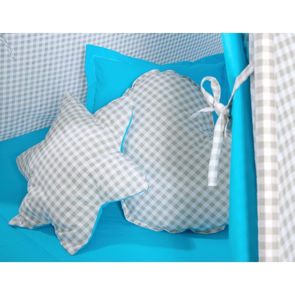 MEGA SET: Tenda Teepee con Tappetino, Cuscini e Piume Decorative GRATIS! Grigio Turchese a Scacchi