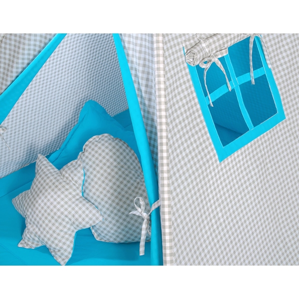 MEGA SET: Tenda Teepee con Tappetino, Cuscini e Piume Decorative GRATIS! Grigio Turchese a Scacchi