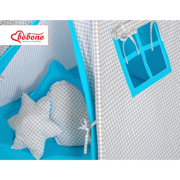 MEGA SET: Tenda Teepee con Tappetino, Cuscini e Piume Decorative GRATIS! Grigio Turchese a Scacchi