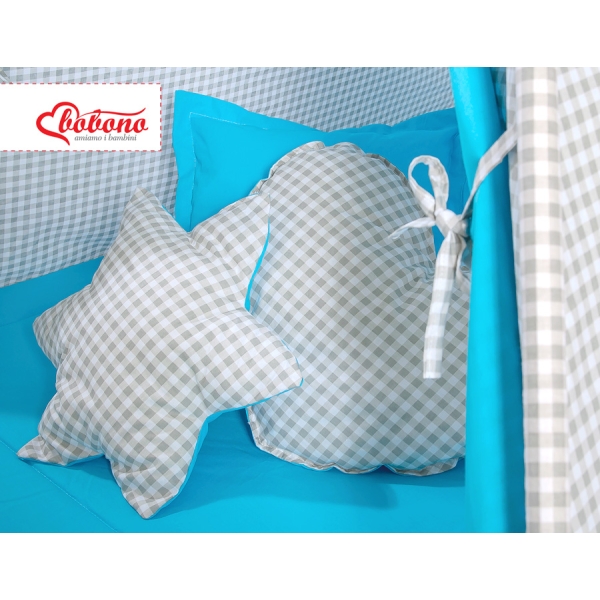 MEGA SET: Tenda Teepee con Tappetino, Cuscini e Piume Decorative GRATIS! Grigio Turchese a Scacchi