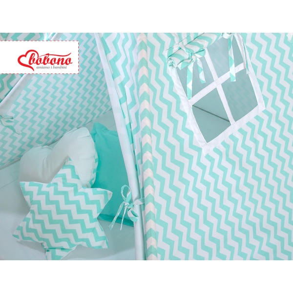 MEGA SET: Tenda Teepee con Tappetino, Cuscini e Piume Decorative GRATIS! Menta Chevron