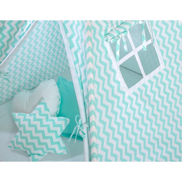 MEGA SET: Tenda Teepee con Tappetino, Cuscini e Piume Decorative GRATIS! Menta Chevron