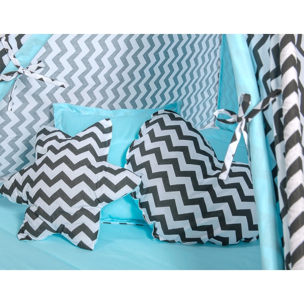 MEGA SET: Tenda Teepee con Tappetino, Cuscini e Piume Decorative GRATIS! Nero Blu Chevron