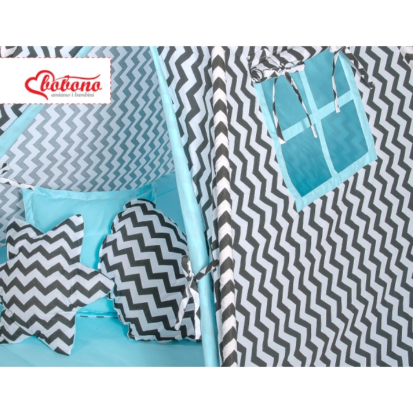 MEGA SET: Tenda Teepee con Tappetino, Cuscini e Piume Decorative GRATIS! Nero Blu Chevron