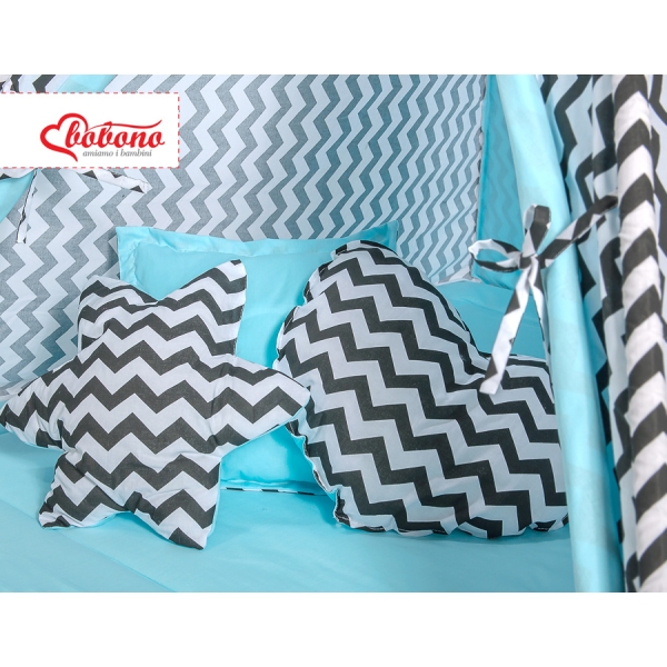 MEGA SET: Tenda Teepee con Tappetino, Cuscini e Piume Decorative GRATIS! Nero Blu Chevron