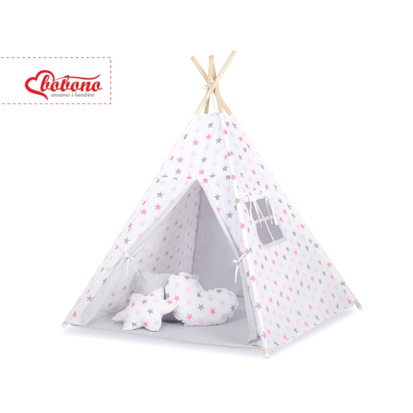MEGA SET: Tenda Teepee con Tappetino, Cuscini e Piume Decorative GRATIS! Rosa Grigio Stelle