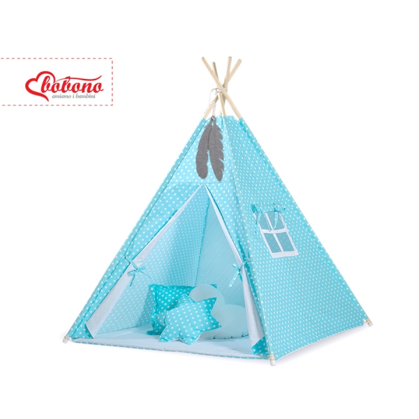 SET: Tenda Teepee con Tappetino e Piume Decorative GRATIS! Turchese Pois Bianchi