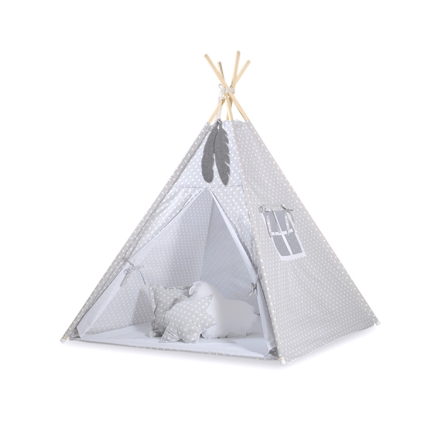 Tenda Indiana per Bambino con Tappetino e Cuscini Grigio Pois Bianchi