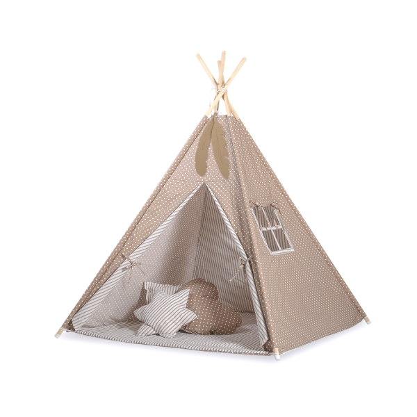 Tenda Teepee con Tappetino e Cuscini Marrone Pois Bianchi