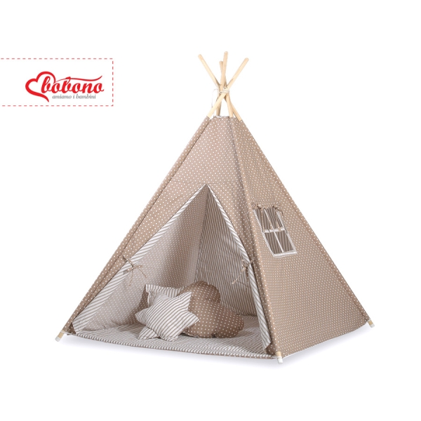 Tenda Teepee con Tappetino e Cuscini Marrone Pois Bianchi