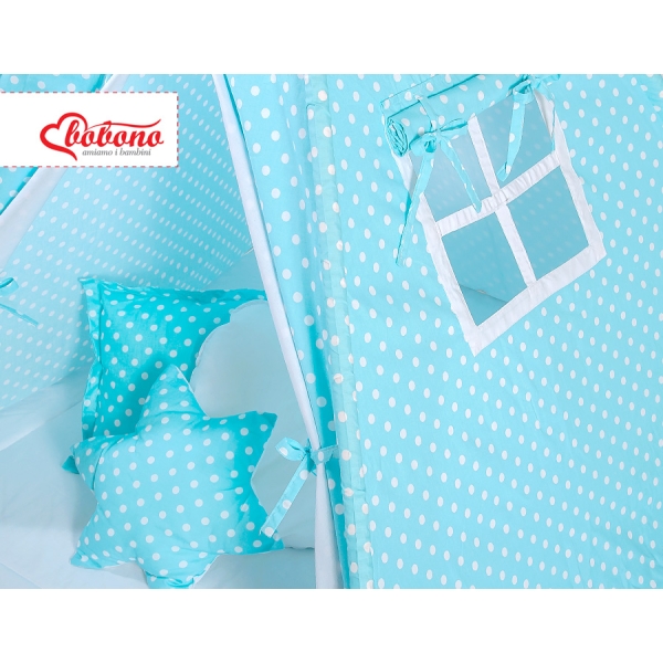 Tenda Teepee con Tappetino e Cuscini Turchese Pois Bianchi