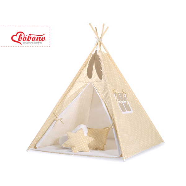 Tenda Teepee con Tappetino e Piume Decorative GRATIS! Beige Pois Bianchi