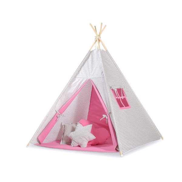 Tenda Teepee con Tappetino e Piume Decorative GRATIS! Rosa Grigio a Scacchi