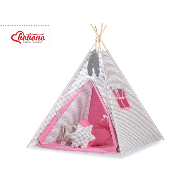 Tenda Teepee con Tappetino e Piume Decorative GRATIS! Rosa Grigio a Scacchi