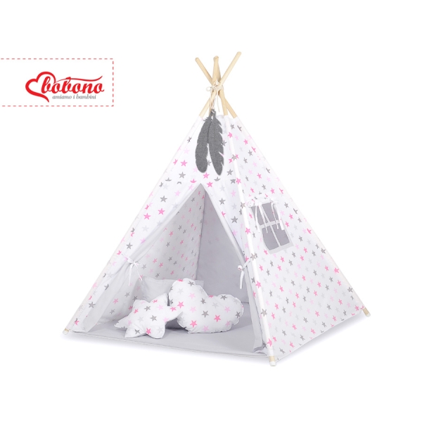 Tenda Teepee e Piume Decorative GRATIS! Rosa Grigio Stelle