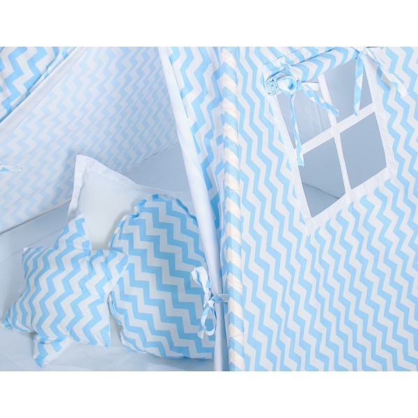 Tenda Teepee per Bambini con Tappetino e Set Cuscini Blu Chevron