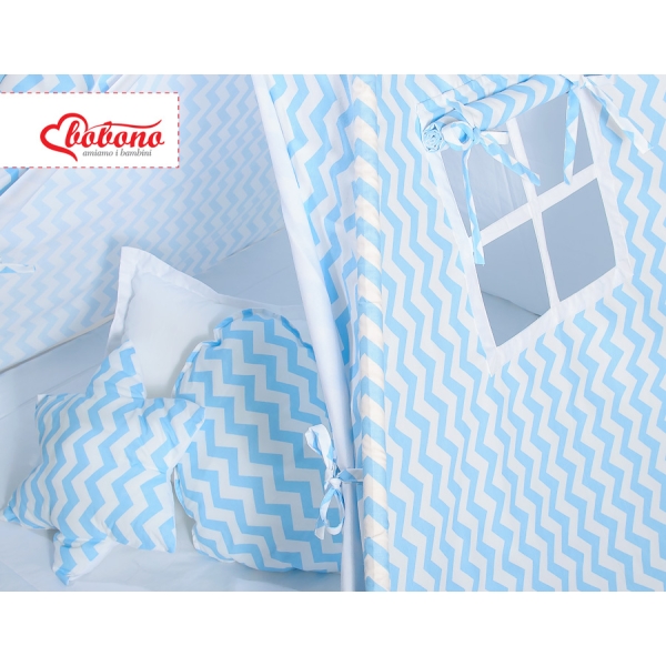Tenda Teepee per Bambini con Tappetino e Set Cuscini Blu Chevron