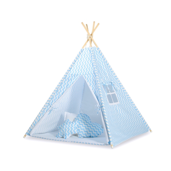 Tenda Teepee per Bambini con Tappetino e Set Cuscini Blu Chevron