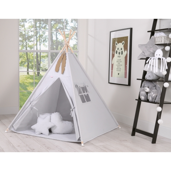 Tenda Teepee per Bambini con Tappetino e Set Cuscini Grigio