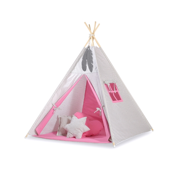 Tenda Teepee per Bambini con Tappetino e Set Cuscini Rosa Grigio a Scacchi