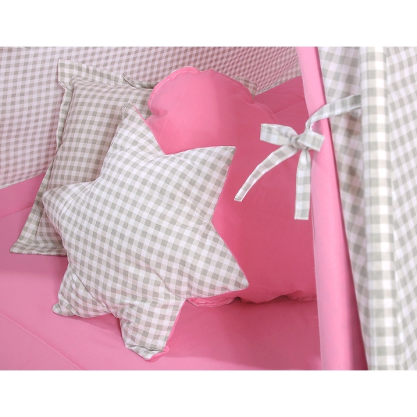 Tenda Teepee per Bambini con Tappetino e Set Cuscini Rosa Grigio a Scacchi