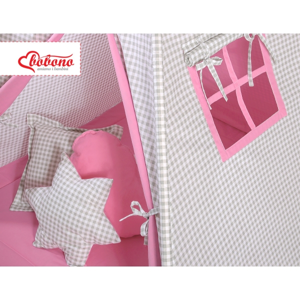 Tenda Teepee per Bambini con Tappetino e Set Cuscini Rosa Grigio a Scacchi