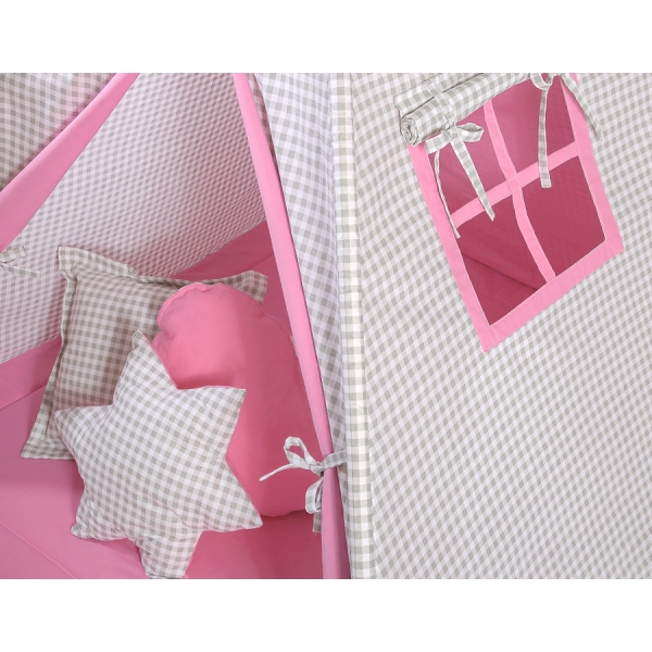 Tenda Teepee per Bambini con Tappetino e Set Cuscini Rosa Grigio a Scacchi