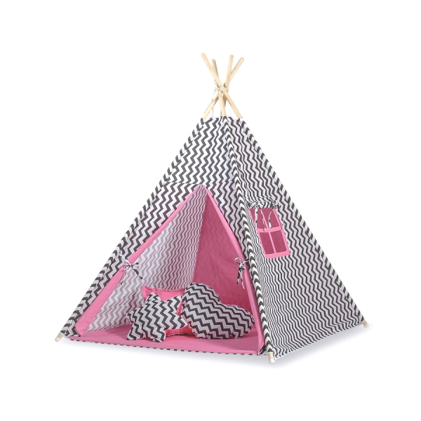 Tenda Teepee per Bambini con Tappetino e Set Cuscini Rosa Nero Chevron