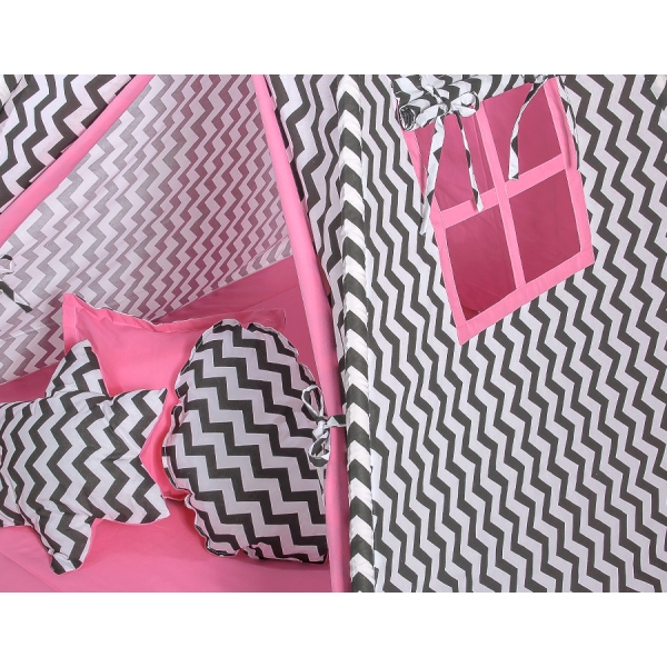 Tenda Teepee per Bambini con Tappetino e Set Cuscini Rosa Nero Chevron