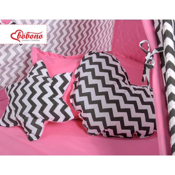 Tenda Teepee per Bambini con Tappetino e Set Cuscini Rosa Nero Chevron