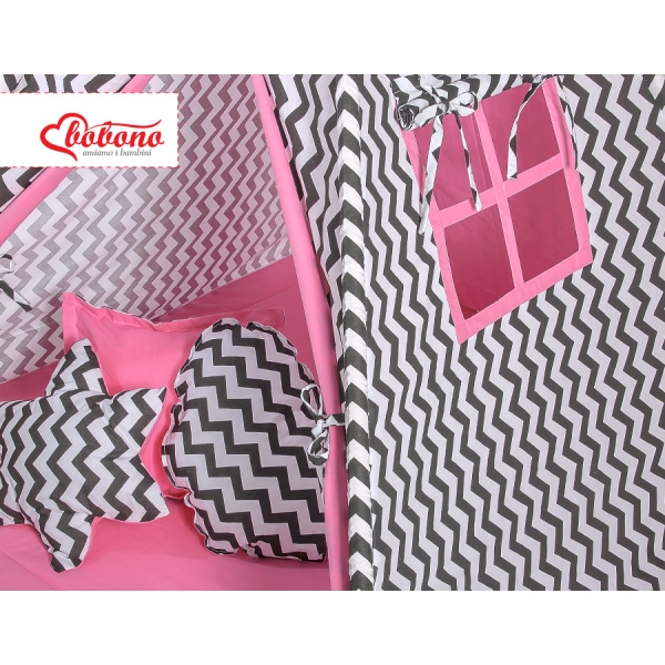 Tenda Teepee per Bambini con Tappetino e Set Cuscini Rosa Nero Chevron