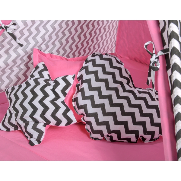 Tenda Teepee per Bambini con Tappetino e Set Cuscini Rosa Nero Chevron