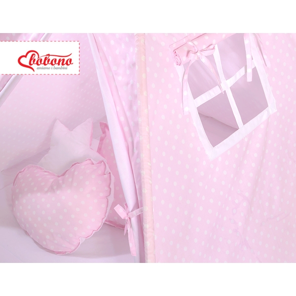 Tenda Teepee per Bambini con Tappetino e Set Cuscini Rosa Pois Bianchi