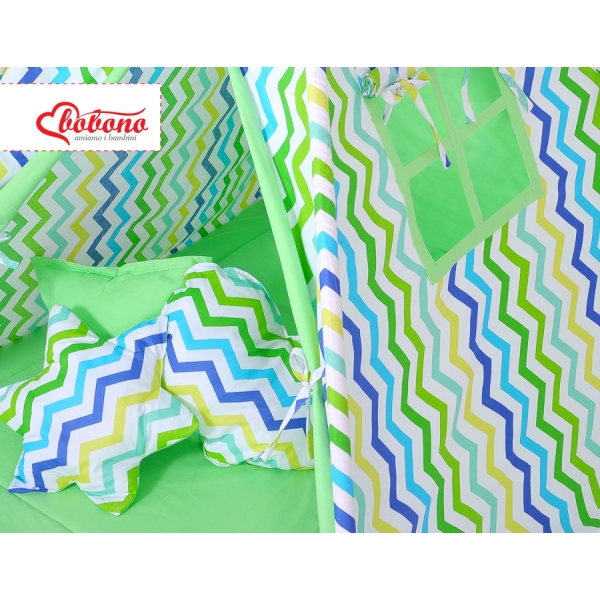 Tenda Teepee per Bambini con Tappetino e Set Cuscini Verde Blu Chevron