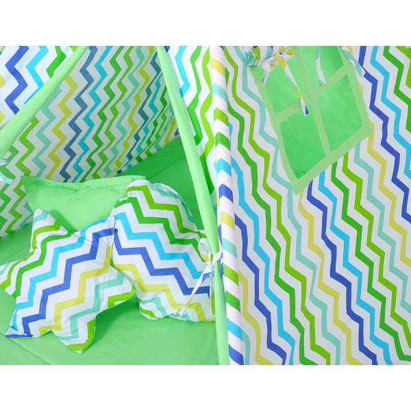 Tenda Teepee per Bambini con Tappetino e Set Cuscini Verde Blu Chevron