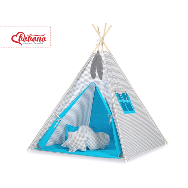 Tenda Wigwam per Bambino con Tappetino Grigio Turchese a Scacchi