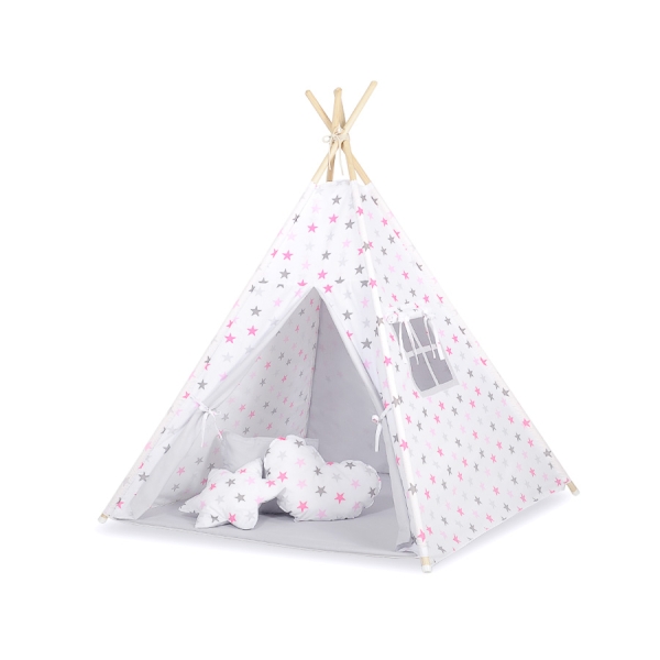 Tenda Wigwam per Bambino con Tappetino Rosa Grigio Stelle