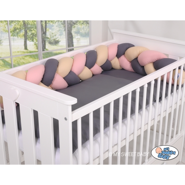 Treccia Paracolpi per Letto Bambino Beige Antracite Rosa Scuro